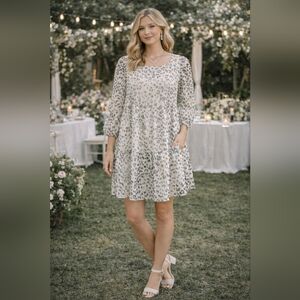 LOFT Gray and White Leopard Print Long Sleeve Tier Dress ~‎ Size Small